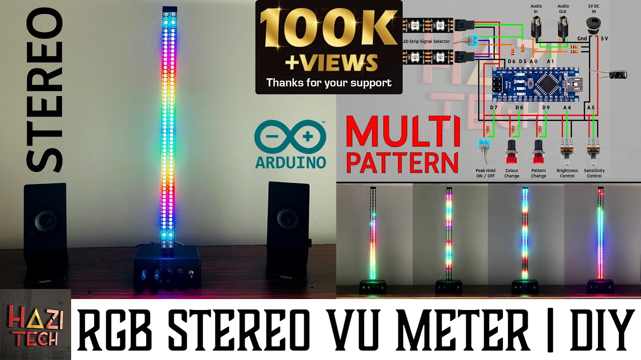 Самодельный RGB-стерео-измеритель уровня громкости | Многоцветный с узорами | Arduino Nano и WS28...