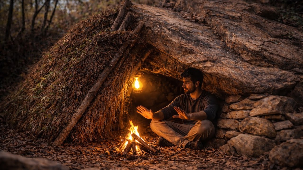 I Built a Hidden Rock Shelter Using Grass | Primitive Survival Cave
