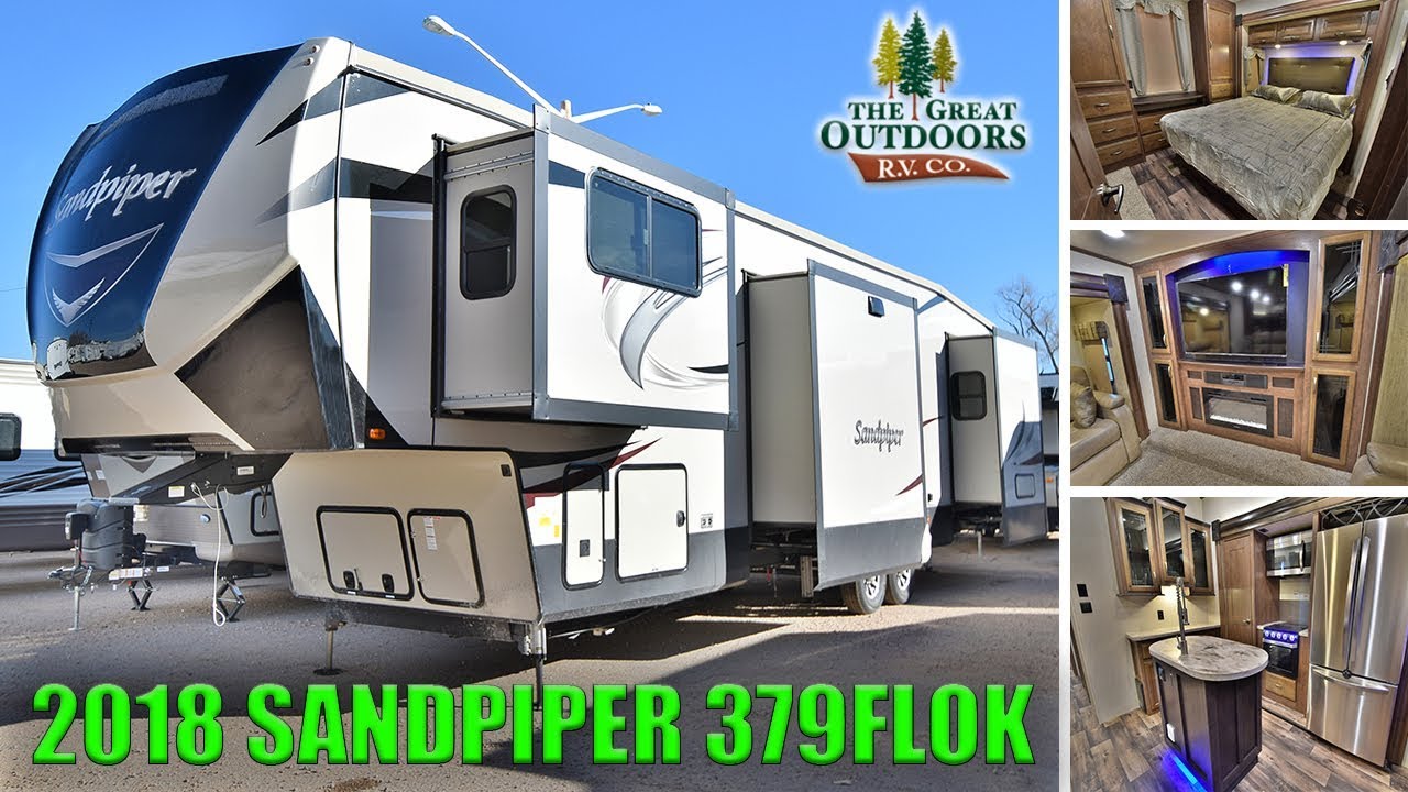 New 2018 Front Living Room SANDPIPER 379FLOK Outside Kitchen Fifth Wheel RV Camper Colorado Dealer