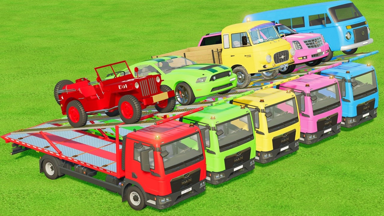 Garage with Colors - DOUBLE FLATBED TRAILER TRUCK, POLICE, EXCAVATOR, VOLVO, MIXER TRUCK - PART 2