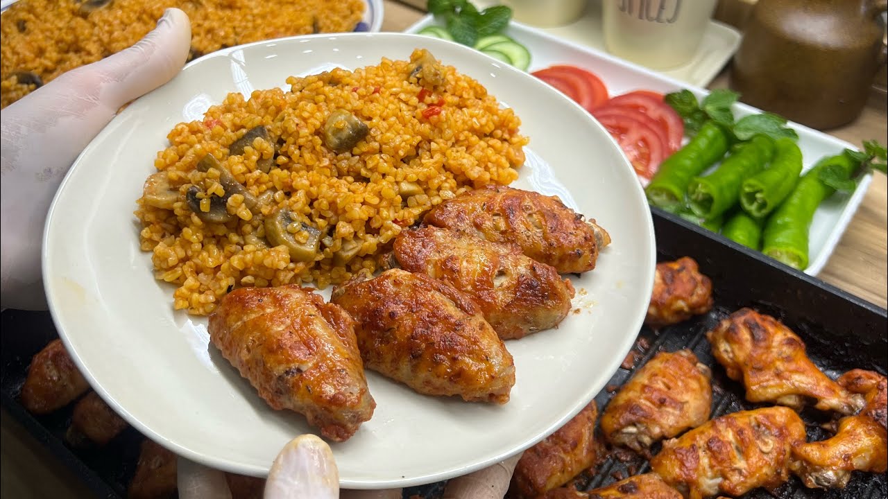 اجنحة دجاج مشوية بالفرن / بتتبيلة مميزة مع اطيب برغل وصفة تستحق التجربة 