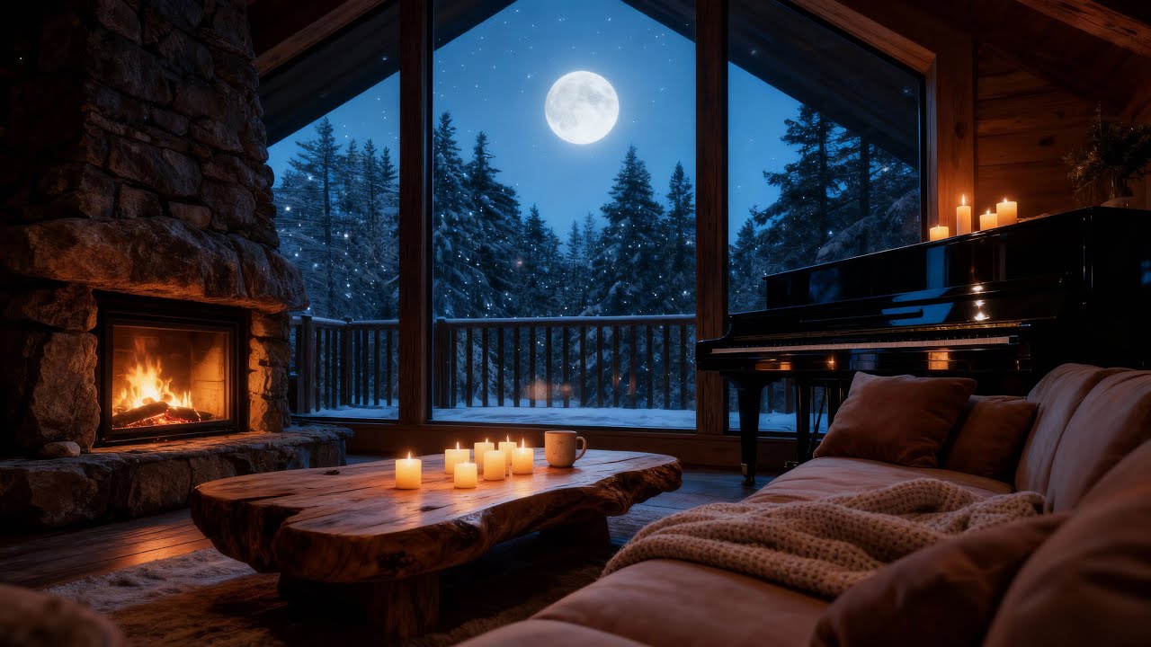 Warm Fireplace Ambience | Cozy Winter Night with Fireplace Crackling & Soft Piano (Background TV)