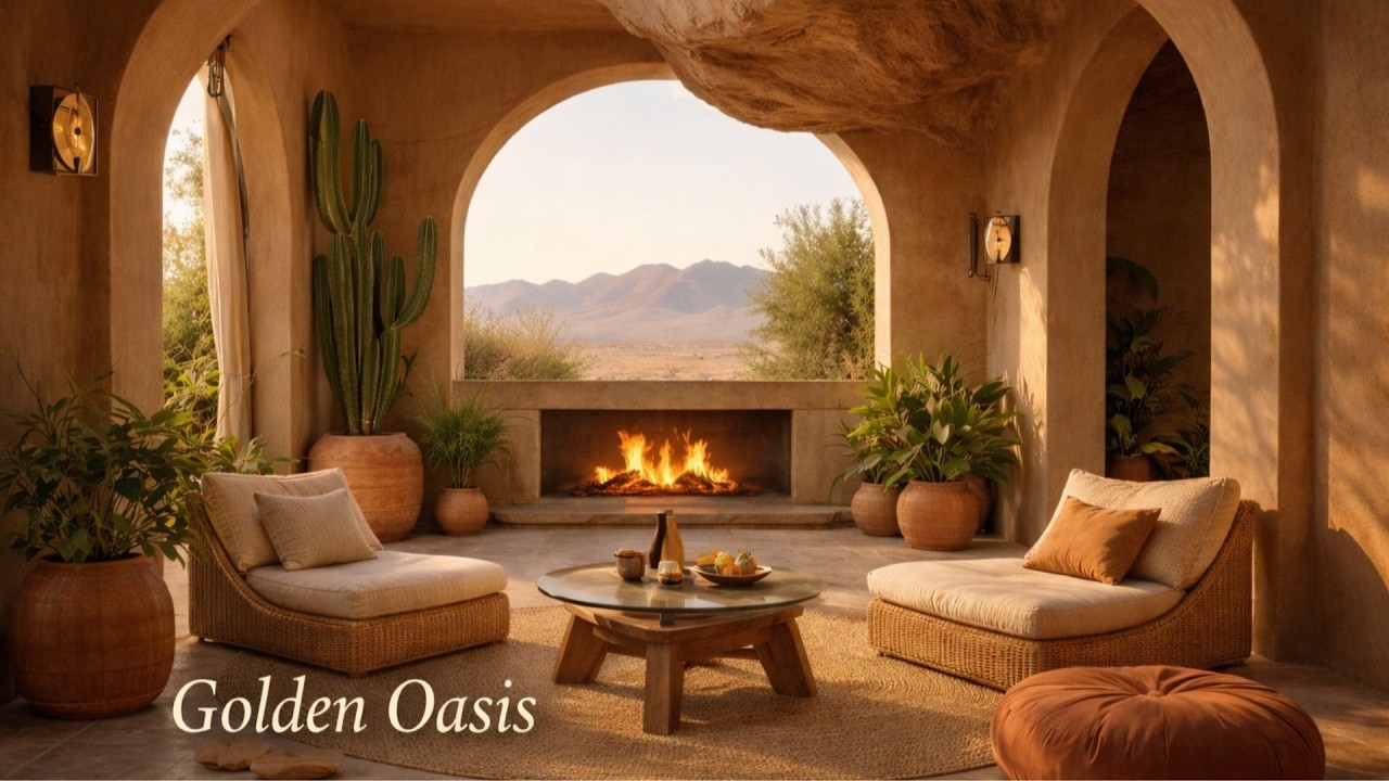 4K Golden Hour Oasis 🌅🔥 | 4 Hours of Fireplace, Birds & Nature Sounds for Sleep & Relax