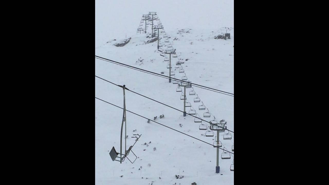 Strong winds smash summit chair, Falls Creek.