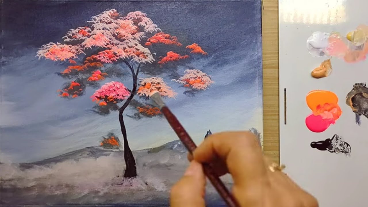 Idea Landscape Painting with Tree and Few Colors/ Acrylic Painting on Canvas/ For Beginners