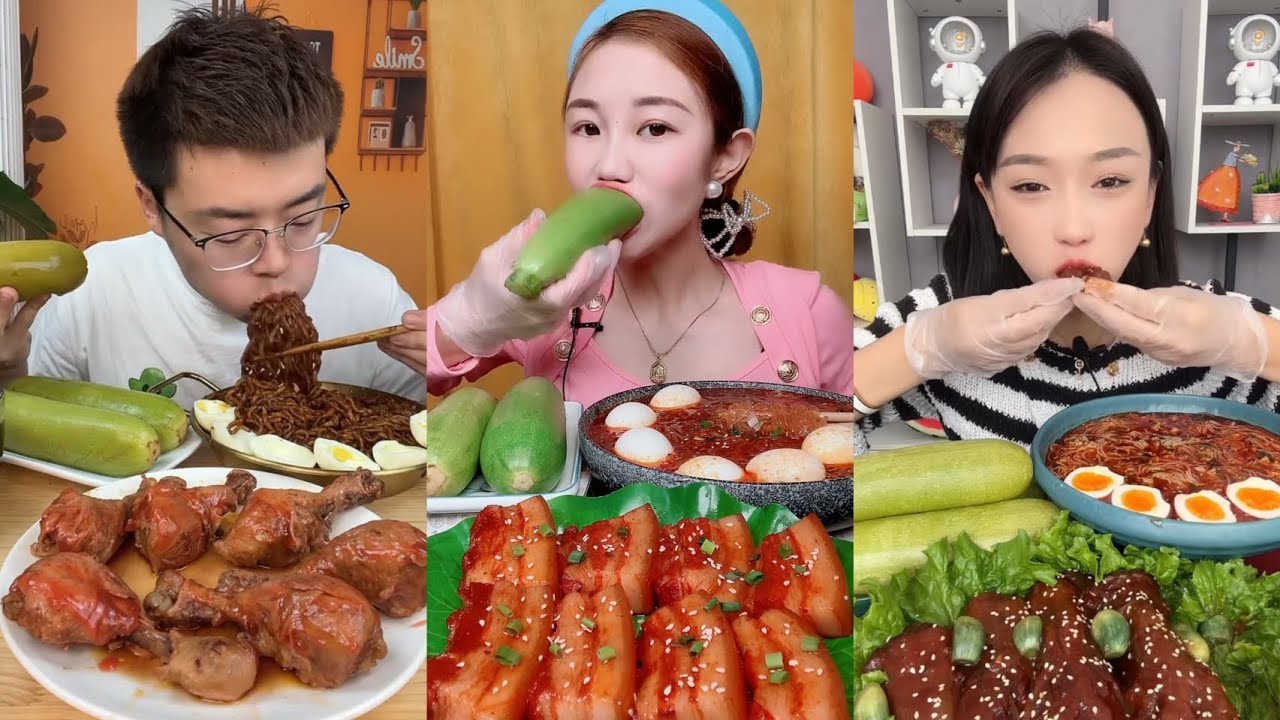 Zucchini With Black Beans Noodles and Spicy Pork Belly and Spicy Chicken Legs Eating Mukbang