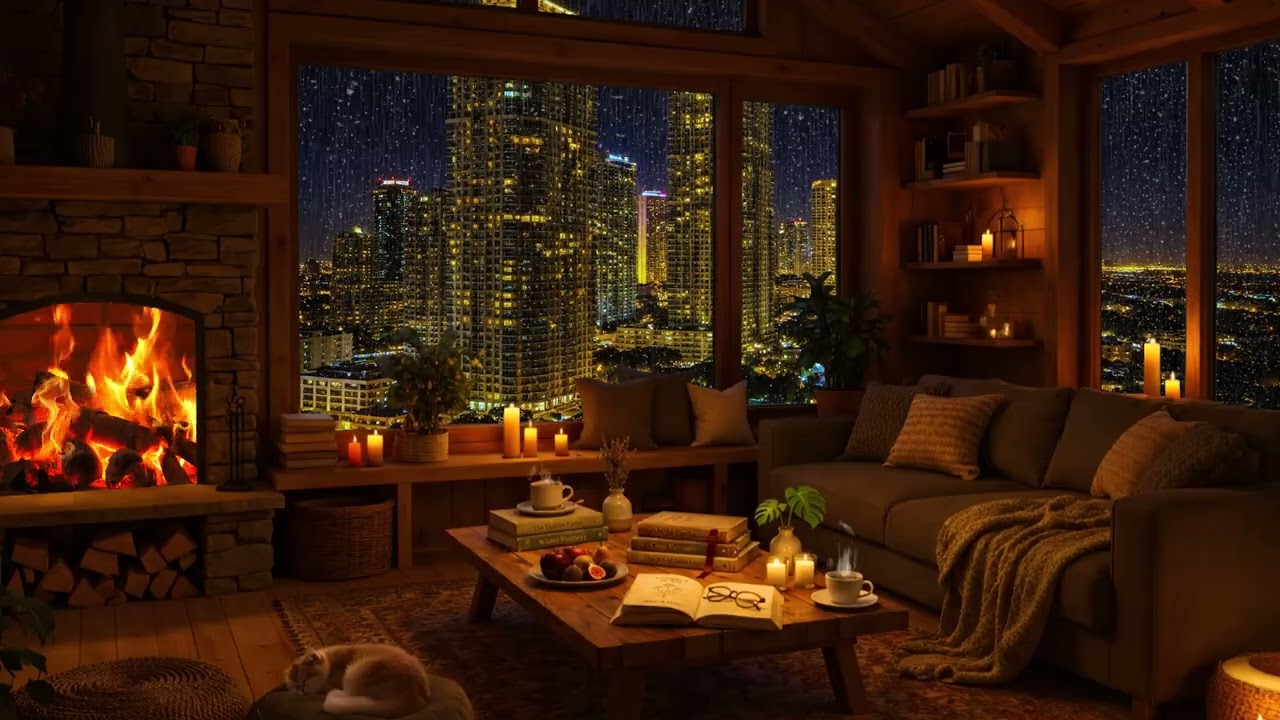 City Rain & Cozy Cabin 🔥 Fireplace Inside | Relaxing Music for Calm Mind & Stress Relief