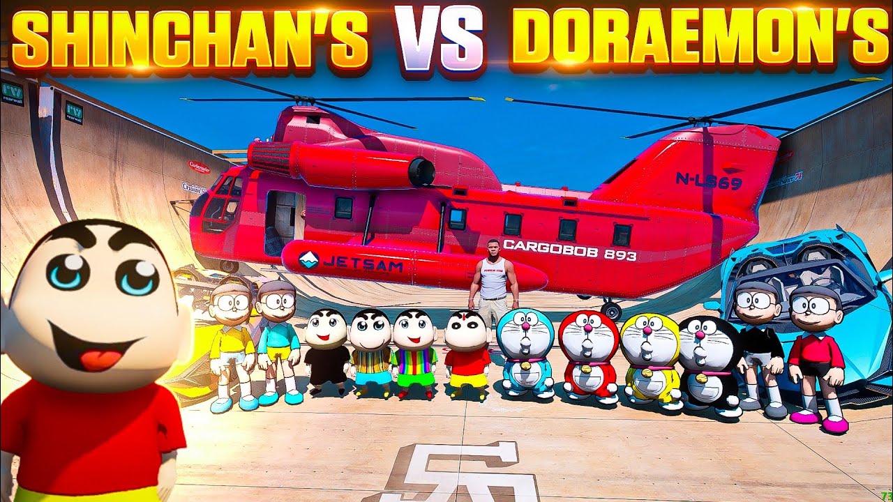Lambhorgini Mega Ramp Challenge With Colourful Shinchan's VS Colourful Doraemons😱 Full Fun🤣