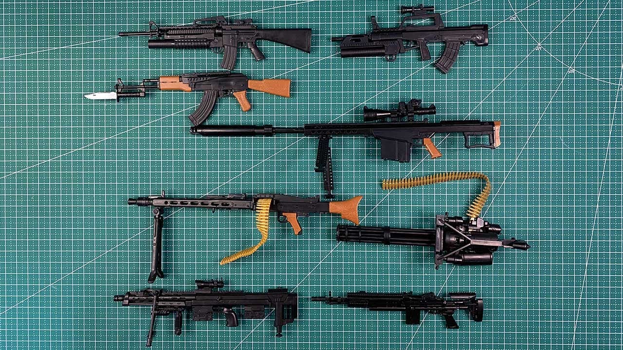 8 Cheap One Sixth Gun Model Review Small M16 M134 MG42 QBZ95 M14Ber Barrett DSR-1 For Figures