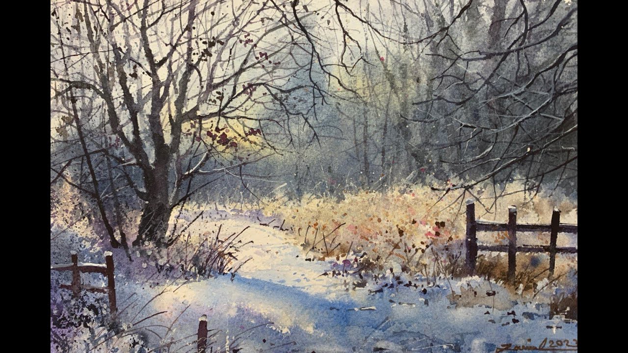Watercolor painting tutorial - Winter scene