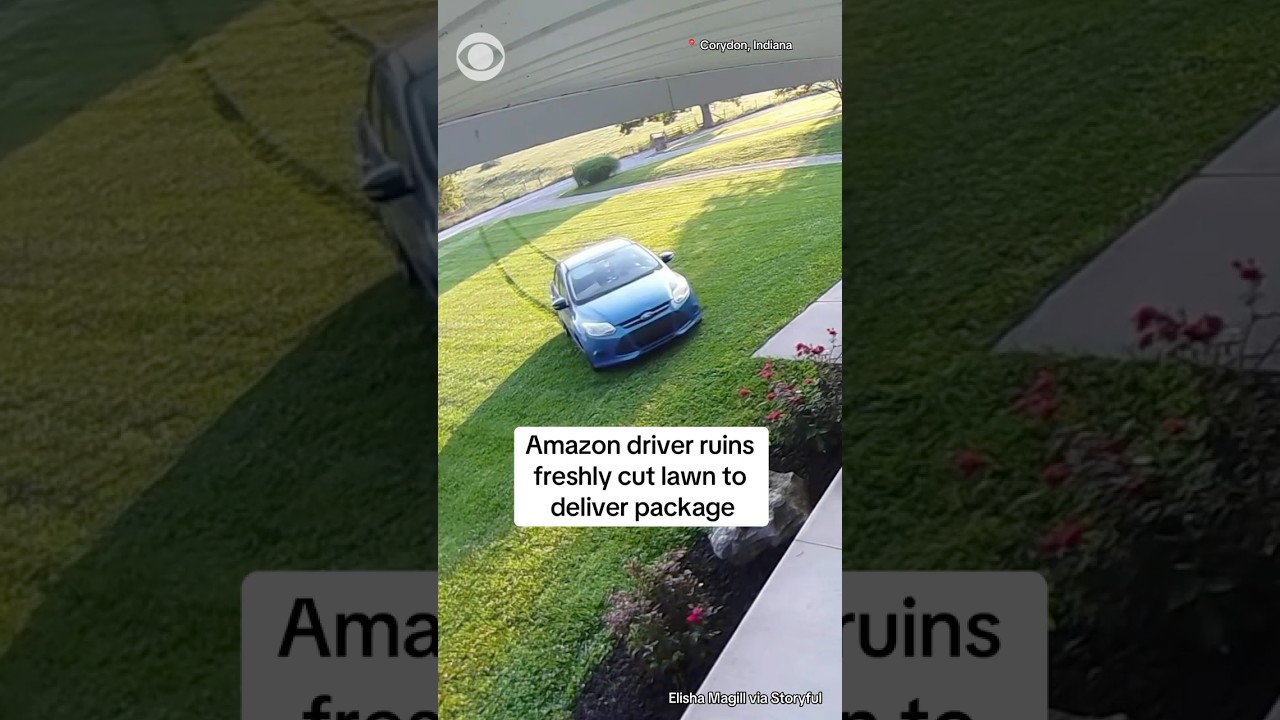 Amazon delivery driver rolls car across freshly cut lawn in southern Indiana #shorts