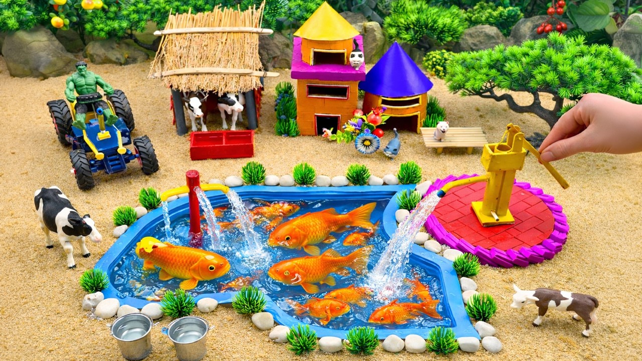 DIY mini Farm Diorama with cow shed | Water Pump Filling a Giant Goldfish Pond with Fountain