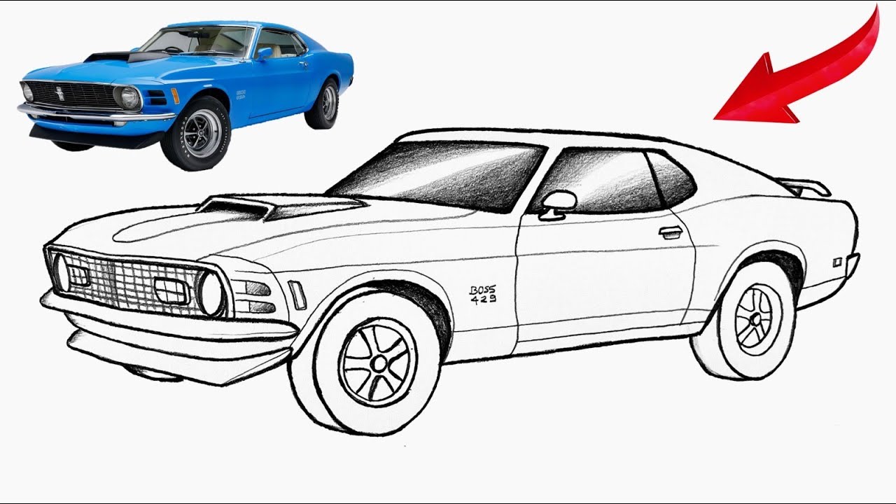How to Draw Ford Mustang Boss 429 1969 | Easy Pencil Muscle Car Drawing