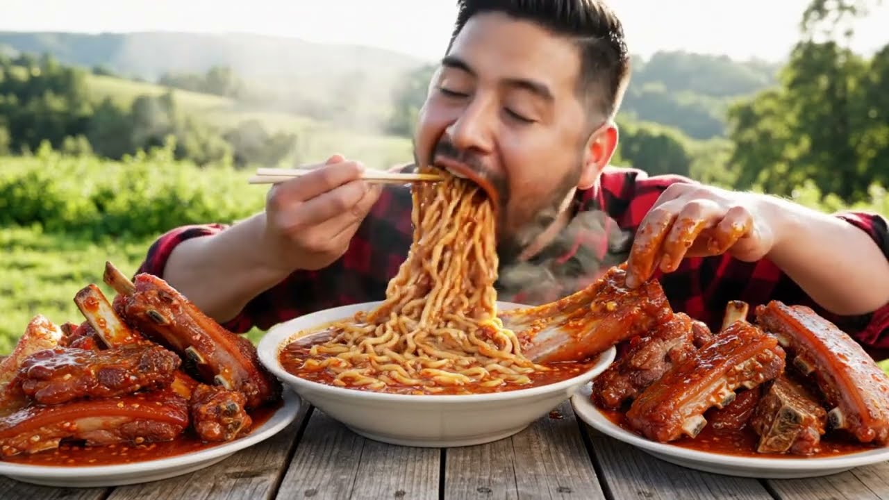 Outdoor Mukbang: Spicy Ramen and Roasted Pork Belly