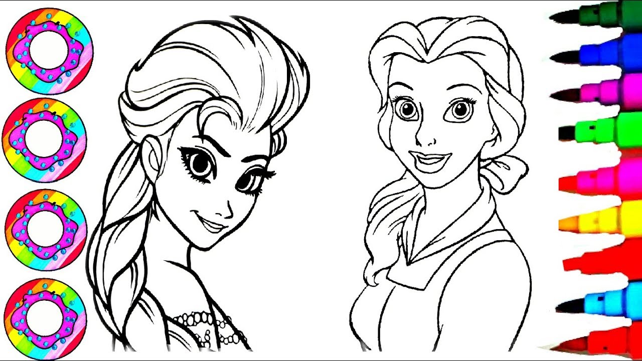 Coloring Drawings Disney's Elsa and Belle with Golden Sparkles Hair Coloring Pages l Learn Colours