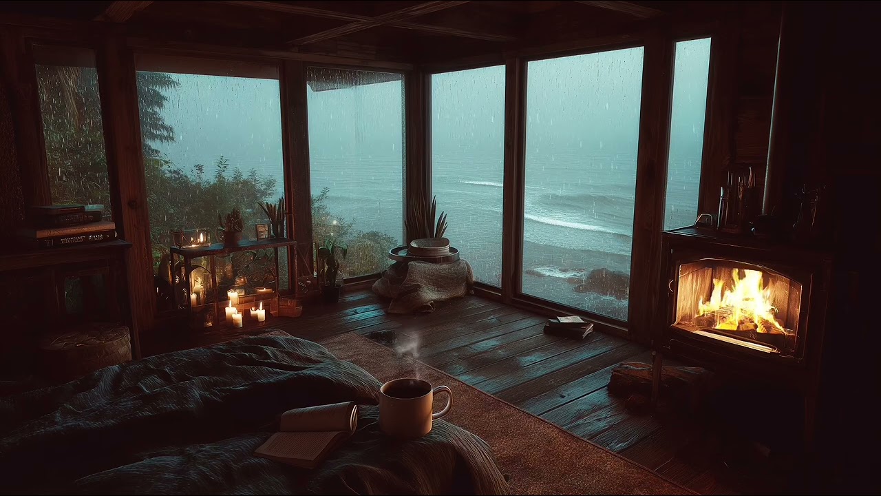 Rainy Coastal Cabin Retreat 🌧️🔥 Ocean Waves, Thunder & Fireplace Sounds for Deep Sleep