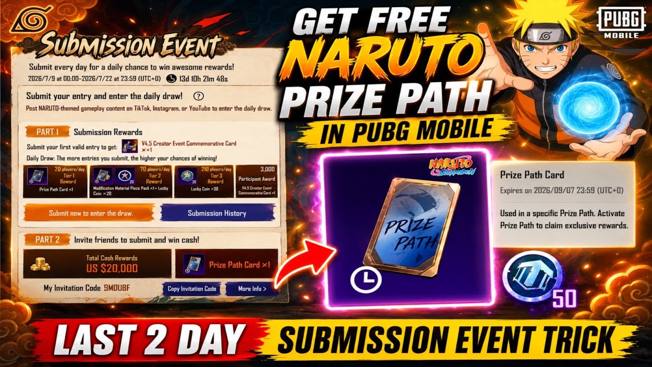 😍GET FREE NARUTO PRIZE PATH CARD IN PUBG MOBILE | LAST 2 DAY TRICK IN SUBMISSION EVENT | LUCKY COINS