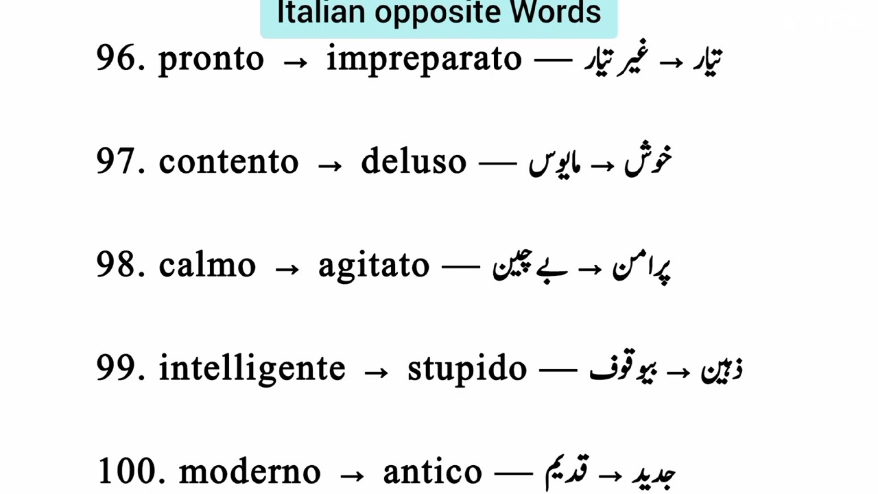 100 Italian Opposite Words with Urdu Translation| Italian  vocabulary Beginners| Italian words Daily