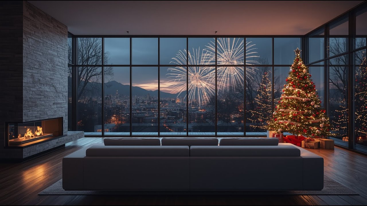 Cozy Winter Night with Fireplace & Fireworks 🎄🔥