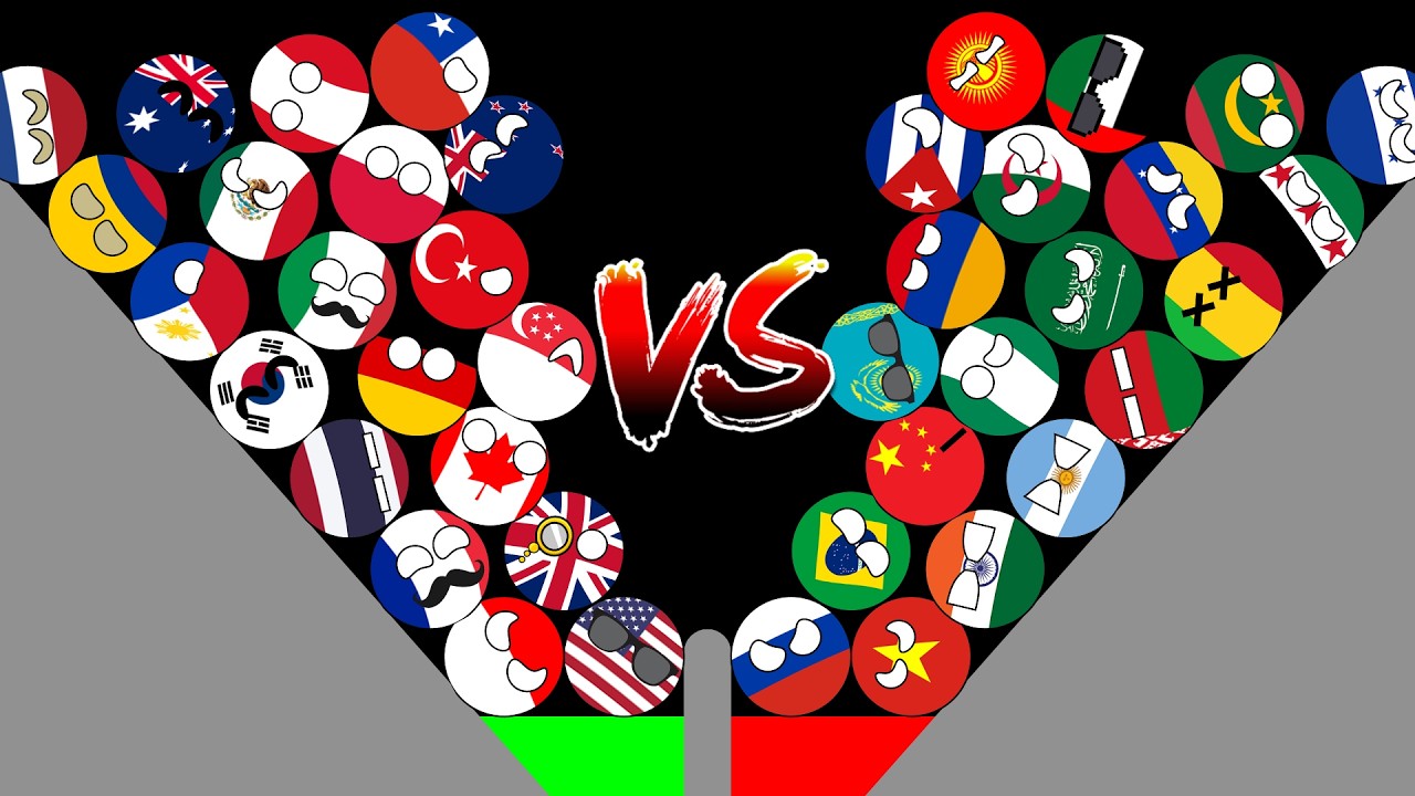 Countryballs - Algodoo marble race Pro-USA vs Pro-Russia 64 Countryballs