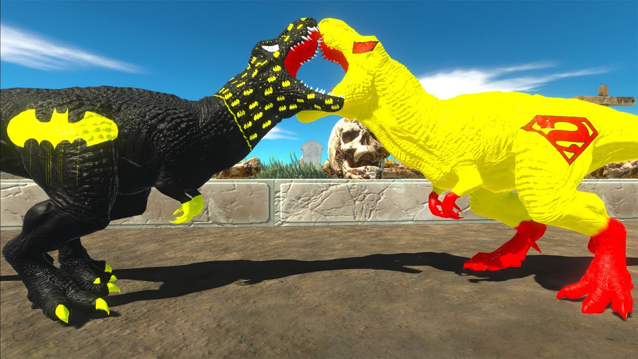 BATMAN T-REX vs SPIDERMAN MEGALODON vs SUPERMAN T-REX DEATH RUN - Animal Revolt Battle Simulator