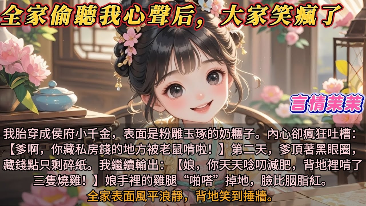 《全家偷聽我心聲后大家笑瘋了》我胎穿成侯府小千金，表面是粉雕玉琢的奶糰內心瘋狂吐槽：爹藏錢的地方被老鼠啃啦！第二天爹頂著黑眼圈，藏錢只剩碎紙。我繼續輸出：娘天天唸叨減肥，背地裡啃了三隻燒雞！