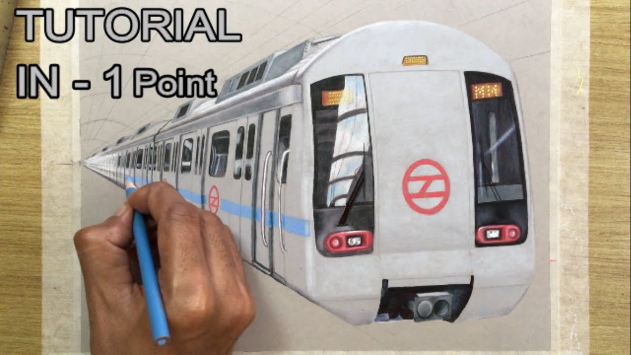 How to Draw Train and Station in 1-Point : Delhi Metro Drawing Tutorial