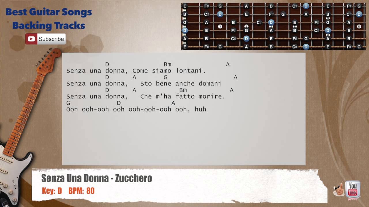 🎸 Senza Una Donna- Zucchero (Italian Lyrics) Guitar Backing Track with scale, chords and lyrics