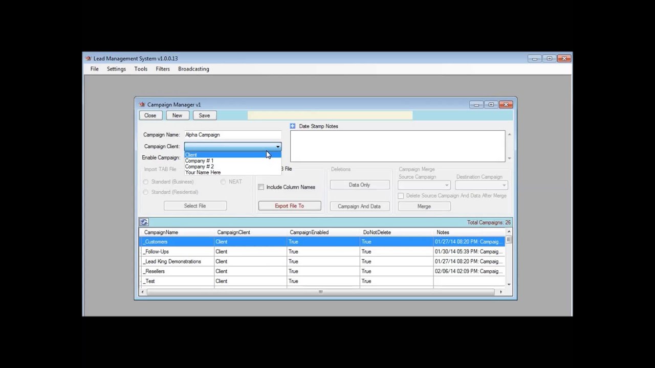 Lead King Software - Create, Save and Delete Campaigns