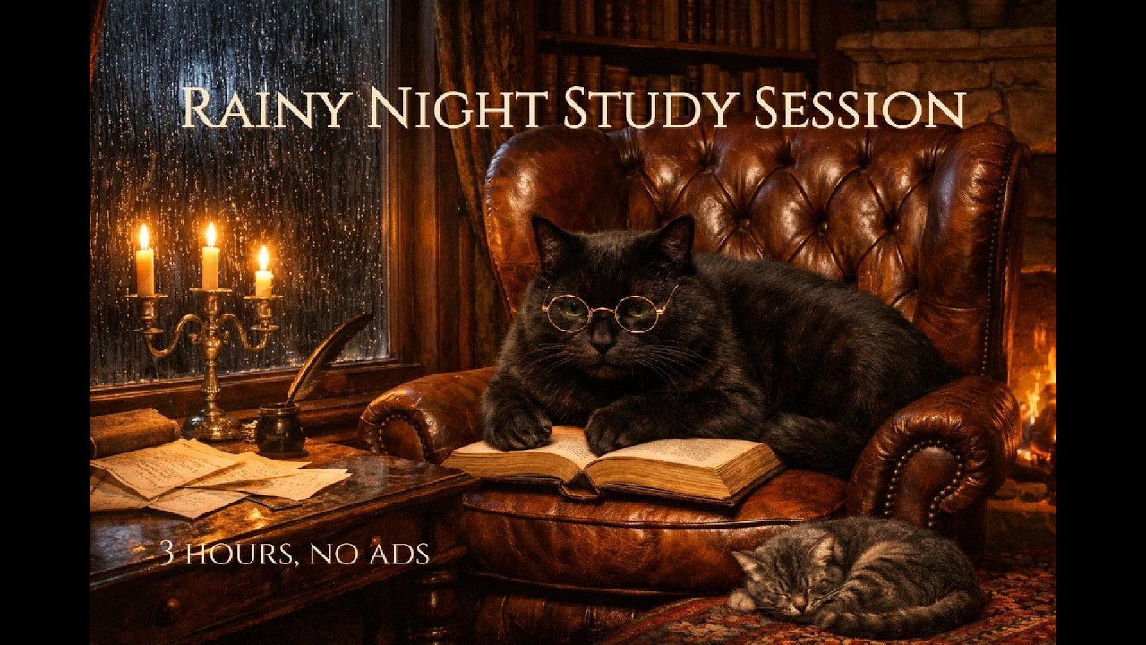 Dark Academia Library in the Rain ☔ 4 Hour Study Ambience with Black Cat