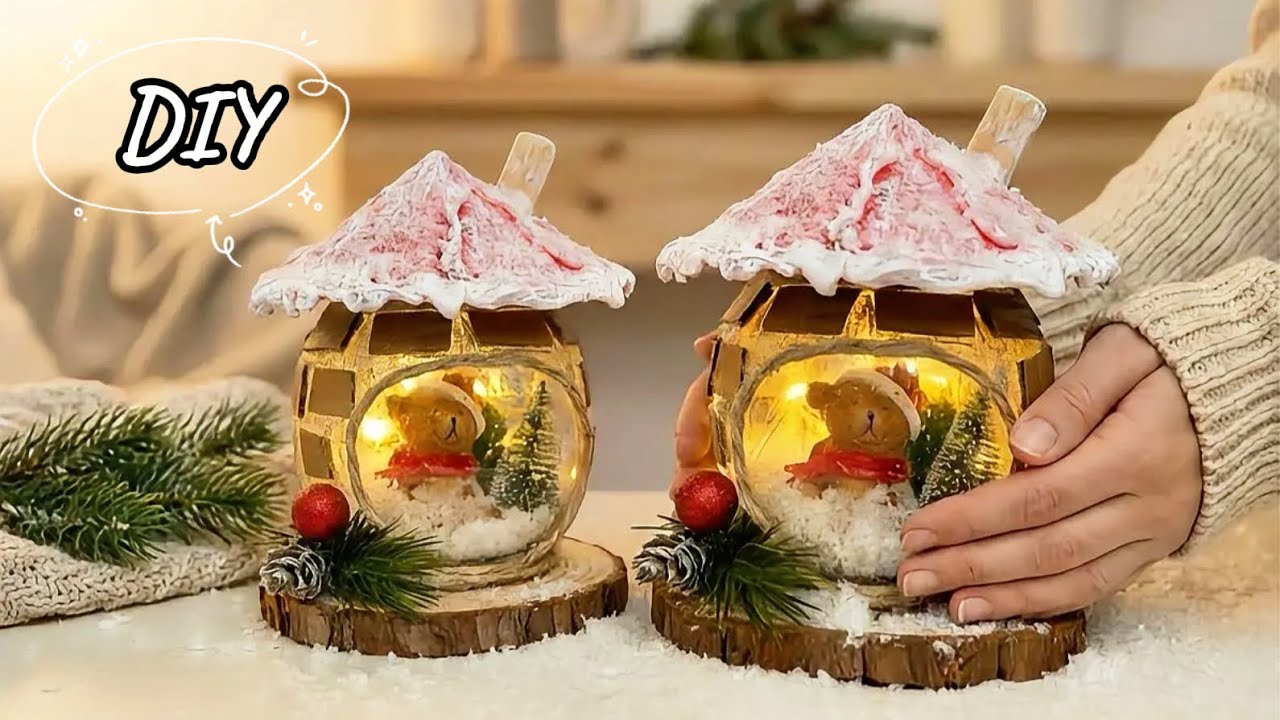 DIY Mini Winter House from a Glass Jar | Cozy Lantern for Home Decor