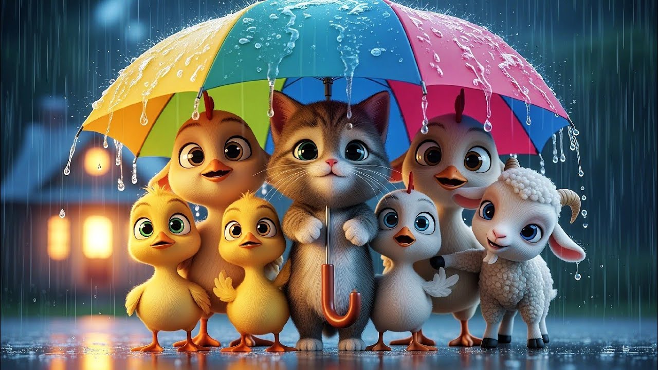 Mitu & All His Friends 🐱🦆🐔🐐🐑🐄 | Rainy Day Fun Under One Umbrella ☔😄