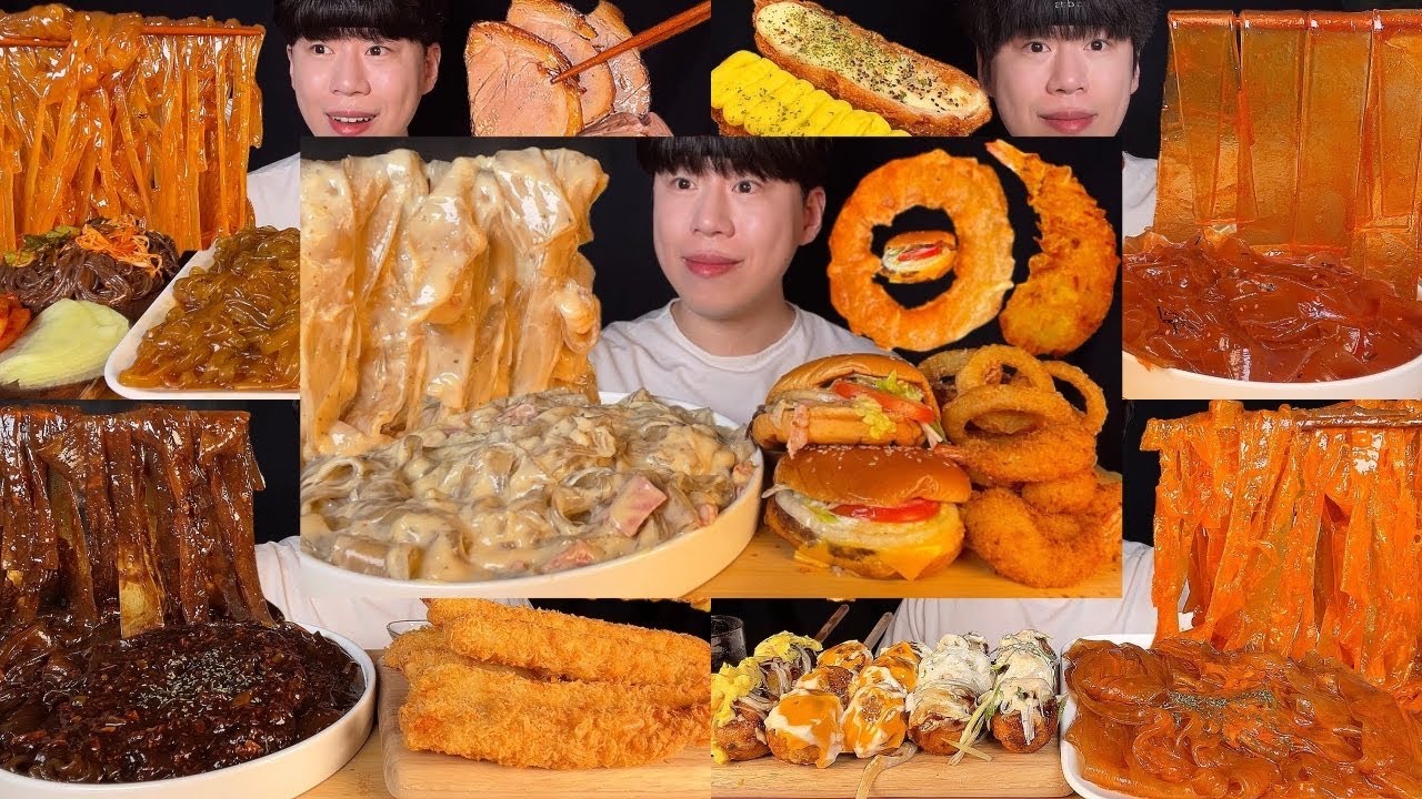 넓적당면 먹방 모음집 ASMR  mukbang 로제, 크림, 짜장, 불닭 등 다양한 소스에 넓적당면을 넣어서 다양한 사이드 메뉴들과 함께 쫄깃쫄깃한 먹방