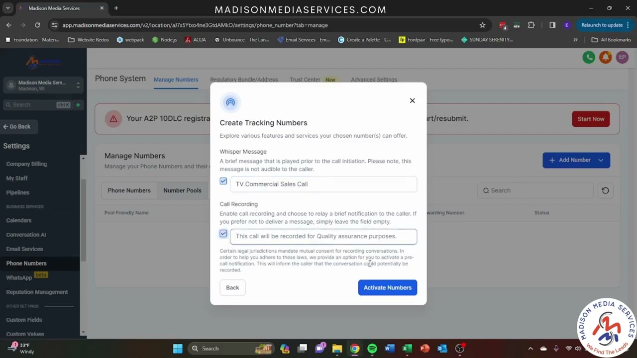 Madison Media Services - OneTrack CRM - Phone Number & Number Pools
