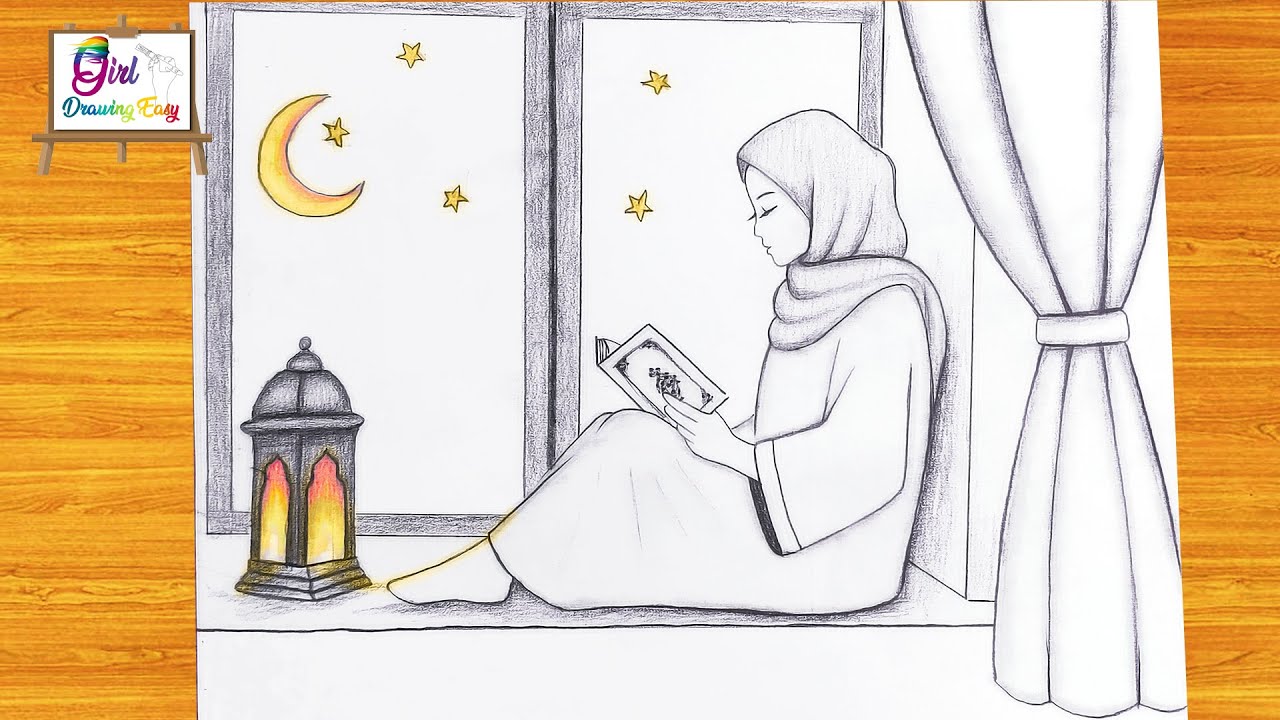 رسم رمضان | رسم بنت محجبة مع فانوس رمضان 2025 خطوه بخطوه للمبتدئين | رسم بنات