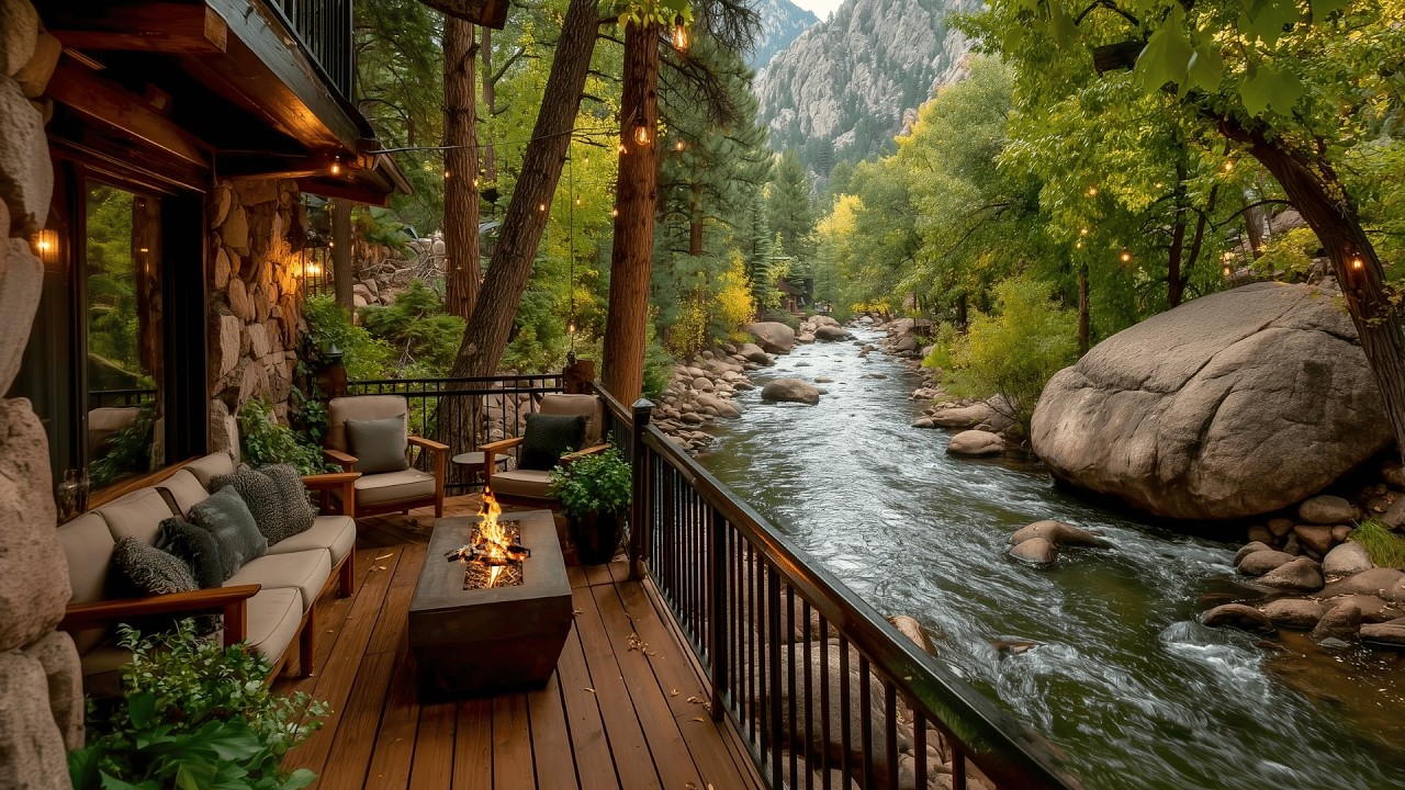 Spring Riverside Porch Campfire with Birds Sounds | Stress Relief Ambience