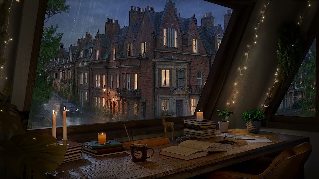 Cozy Rainy Study Room Ambience 🌧️ European Street View, Rain Sounds for Focus & Relaxation