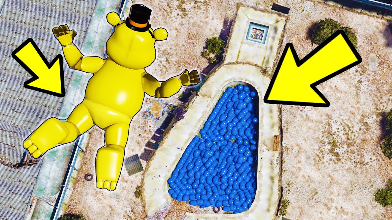 Será que os ANIMATRONICS sobrevivem a QUEDA LIVRE  na piscina de bolinhas do GTA V?