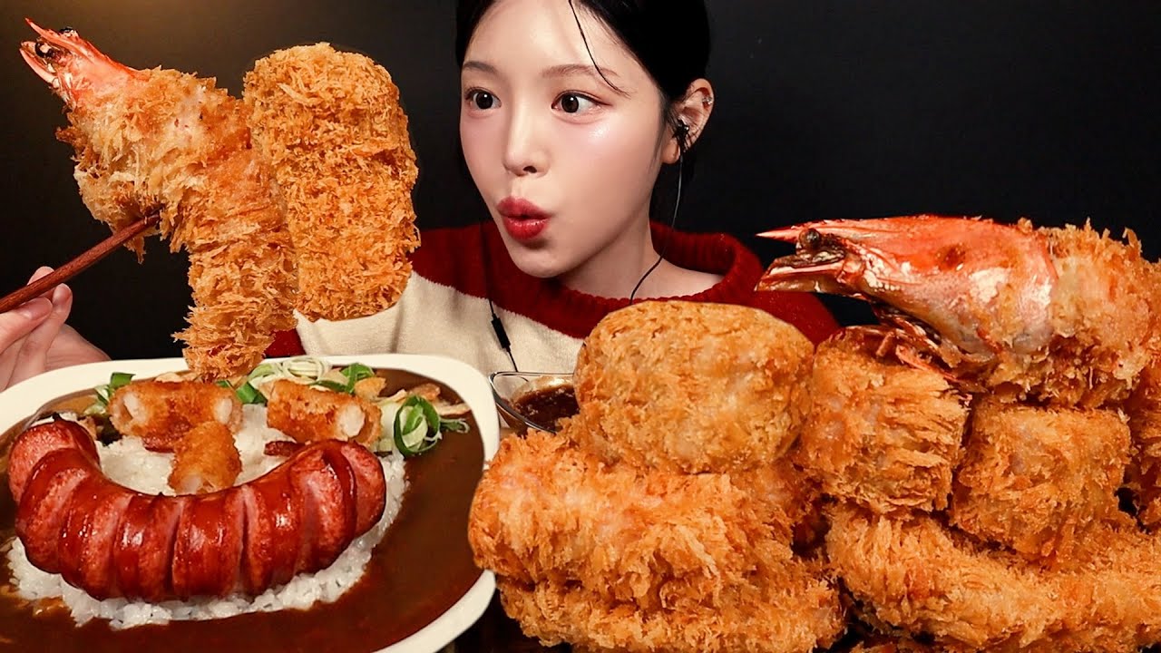 SUB)겉바속촉 돈까스에 핵매운 카레 먹방!🔥대왕새우카츠 소세지까지 레전드 꿀조합 Curry with Pork Cutlet Mukbang ASMR