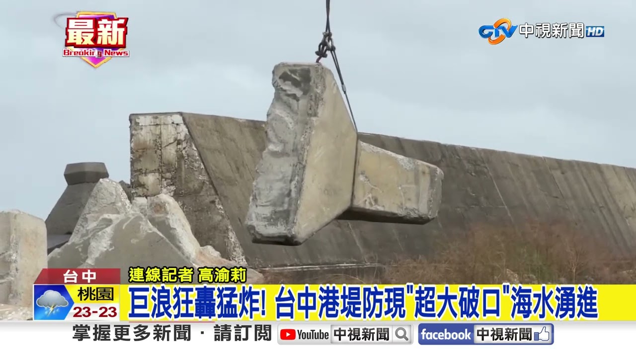 巨浪狂轟猛炸! 台中港堤防現