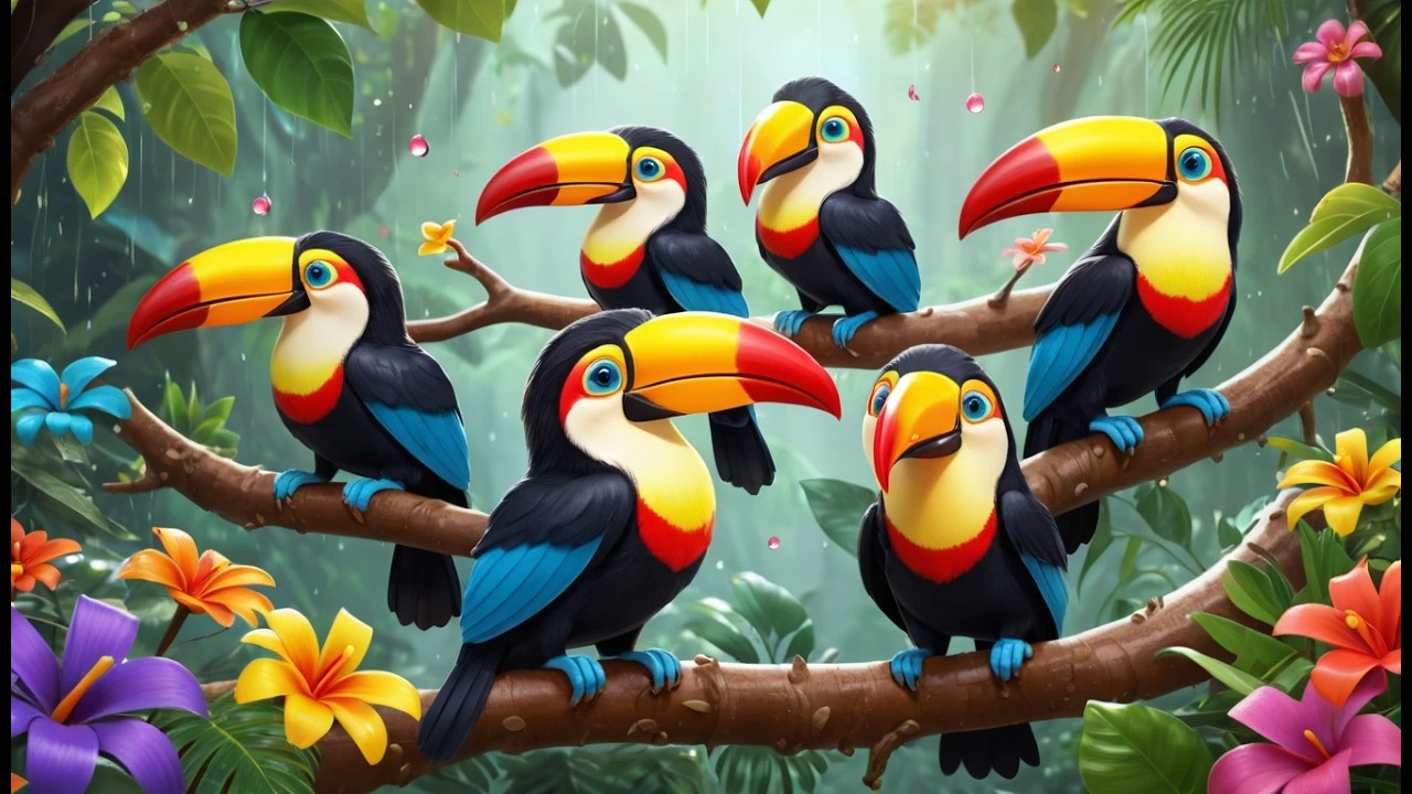 Fünf kleine Tukane singen im Regenwald | Tropische Kinderlieder & Zählen lernen