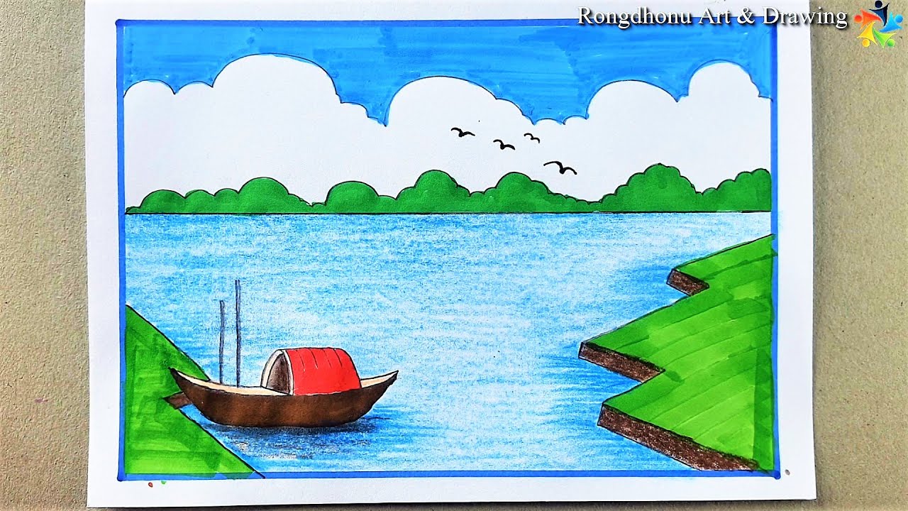 Nodir pare nouka badhar Drisso😍 Scenery Drawing 💚 Bangla Voice Tutorial😍