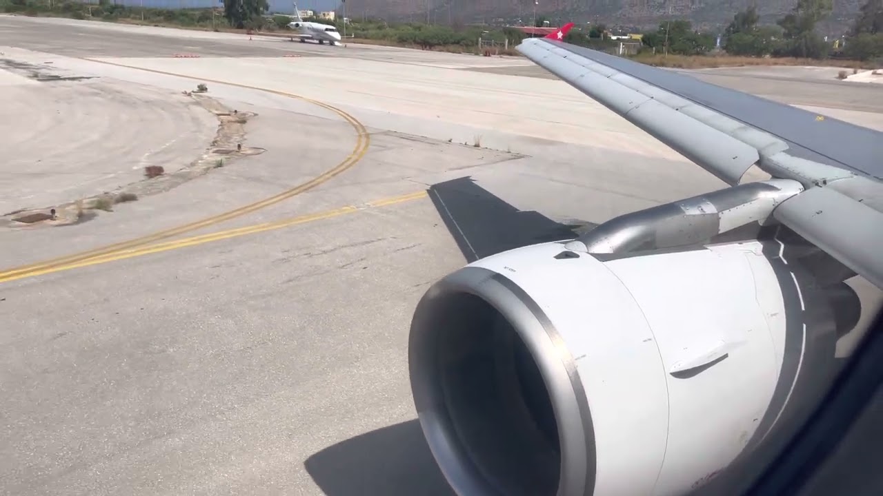 Edelweiss Air A320 beautiful & unusual runway takeoff from Chania CHQ
