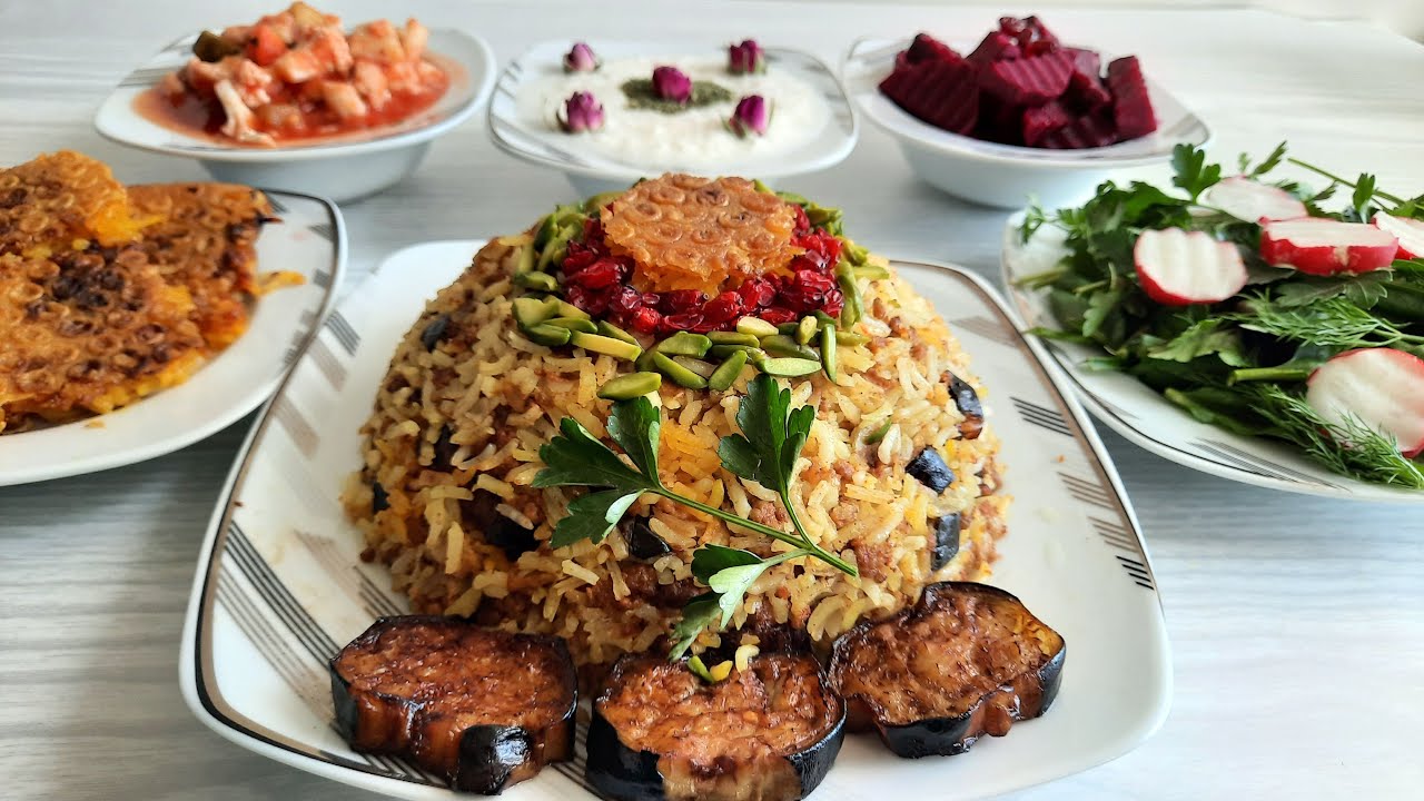 Persian dish: Eggplant rice (بادمجان پلو) & saffron rice