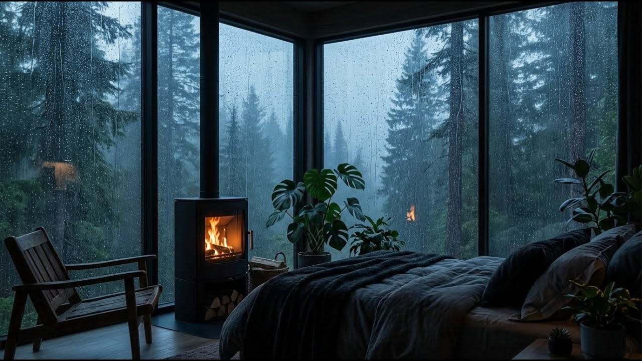 Deep Slumber: Rain Sounds & Soft Piano in Modern Wood Cabin for Stress Relief and Calm ⛈️🔥