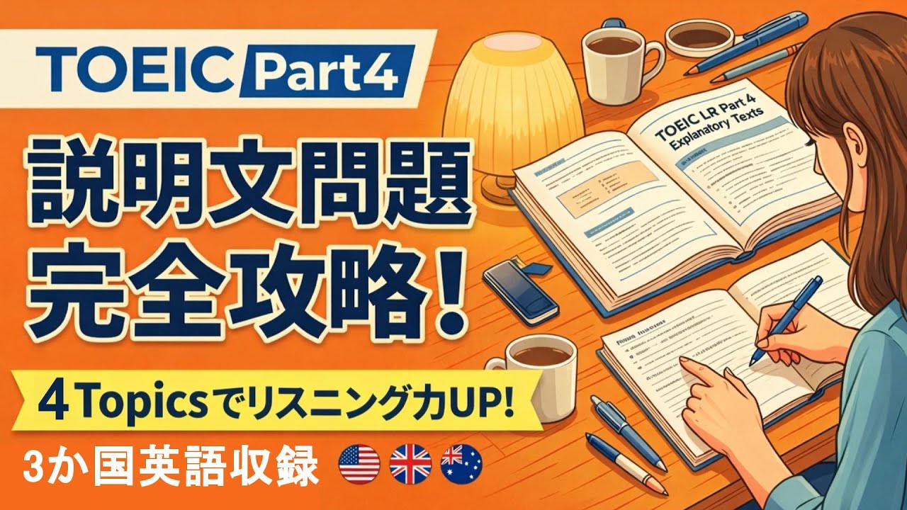 【TOEIC Part 4 Vol.5】説明文問題の模擬問題 3問×4topics リスニング対策