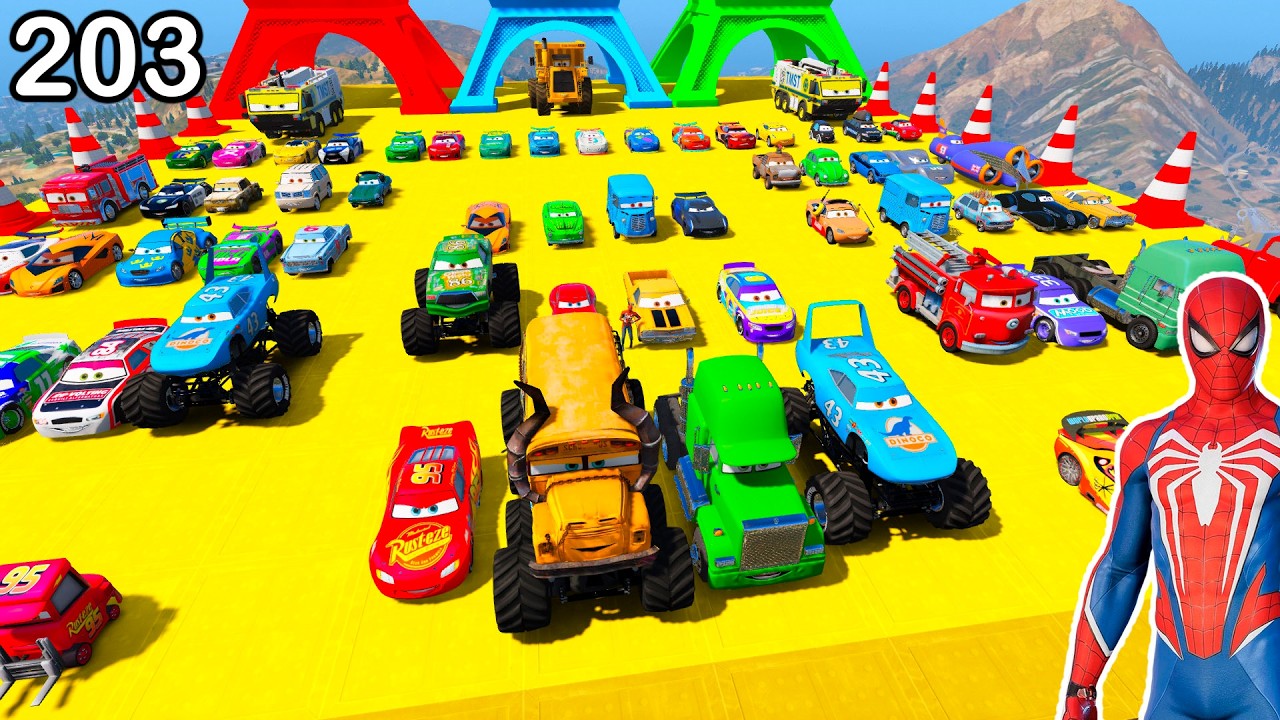 SPIDERMAN Stunt Car Racing Challenge McQueen Disney Cars and Monster Trucks SUPERHERO GTA V ep 203