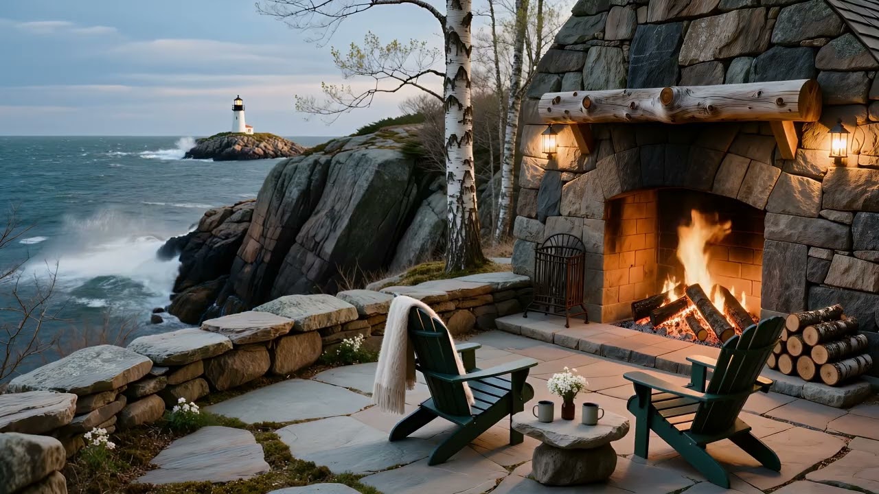 Coastal Outdoor Fireplace 🌊🔥 | Early Spring Shoreline Patio with Lighthouse & Wave Sounds