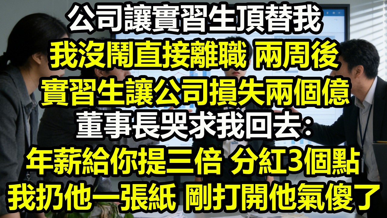 公司讓實習生頂替我，我沒鬧直接離職。兩周後，實習生讓公司損失兩個億。董事長哭求我回去：年薪給你提三倍，分紅3個點。我扔他一張紙，剛打開他氣傻了