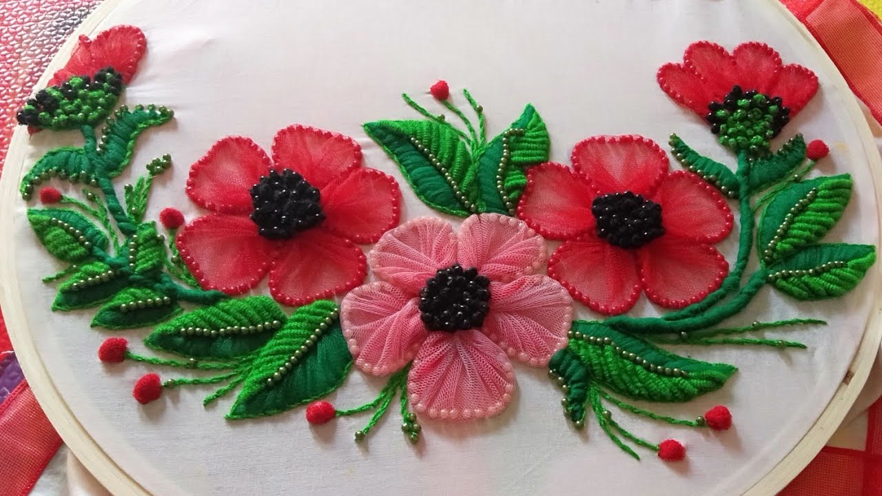 embroidery on net fabric / Flower hand embroidery new design